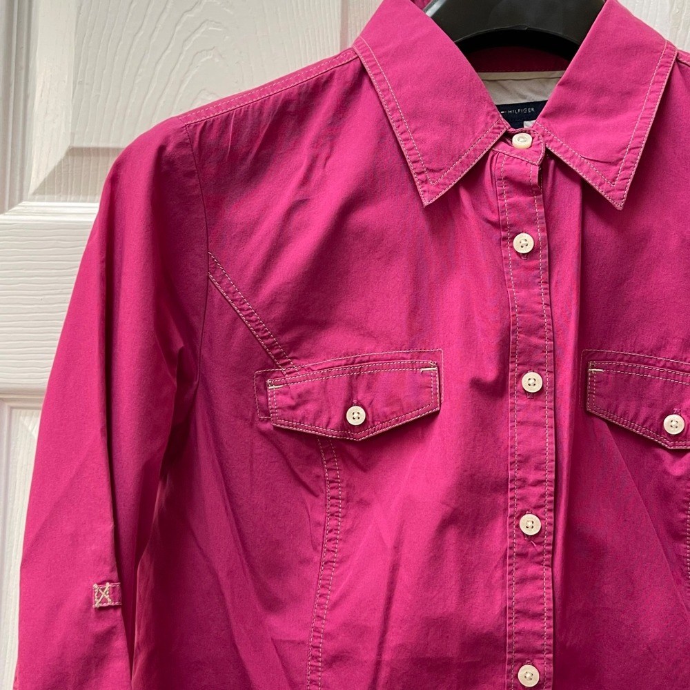 Tommy Hilfiger Women's Medium Hot Pink‎ Western Roll Tab Sleeves Pockets Fitted